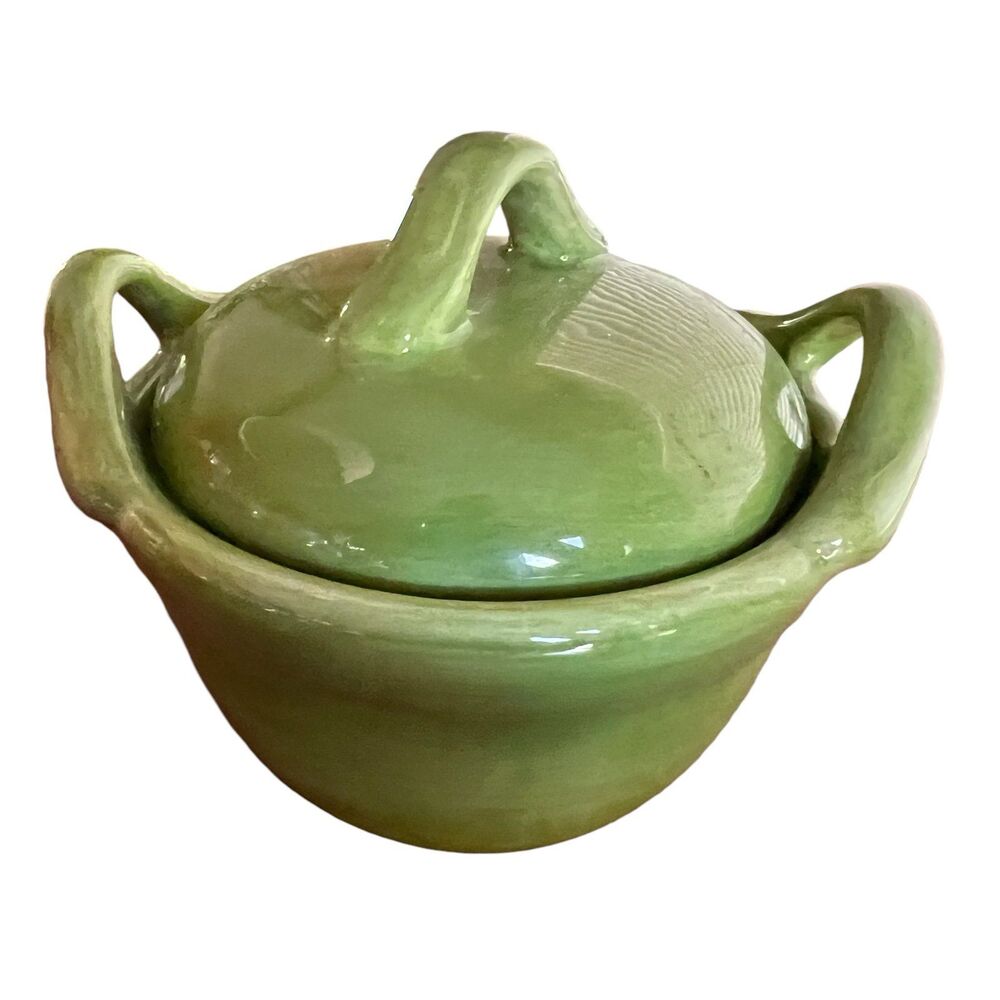 POTTERY BARN *Paella* Mini Baking Crock Ramekin With Handles & Lid Green